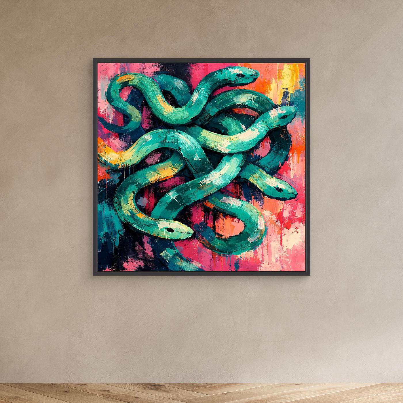 Abstract snake canvas wall art with black frame; teal coiled forms on pink and orange