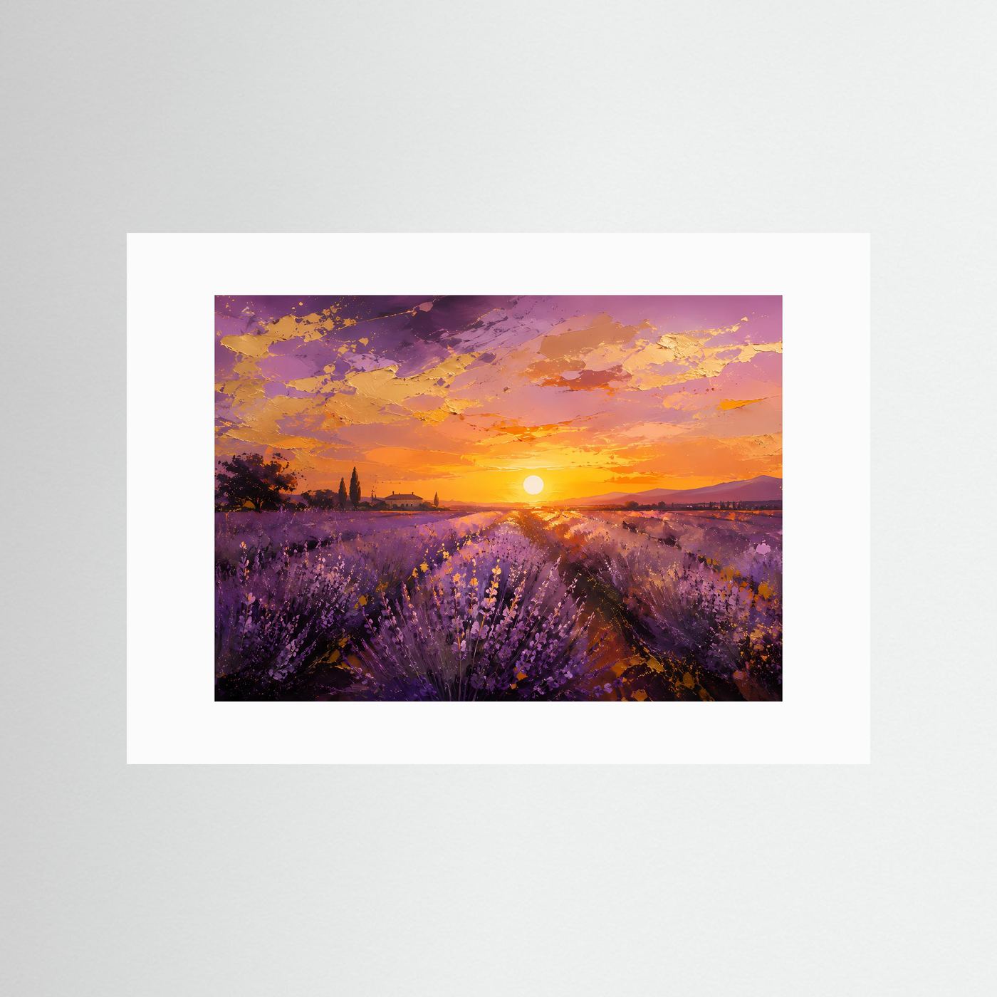 Poster mit abstraktem Lavendelfeld und Sonnenuntergang, weiß eingefasst ohne Rahmen