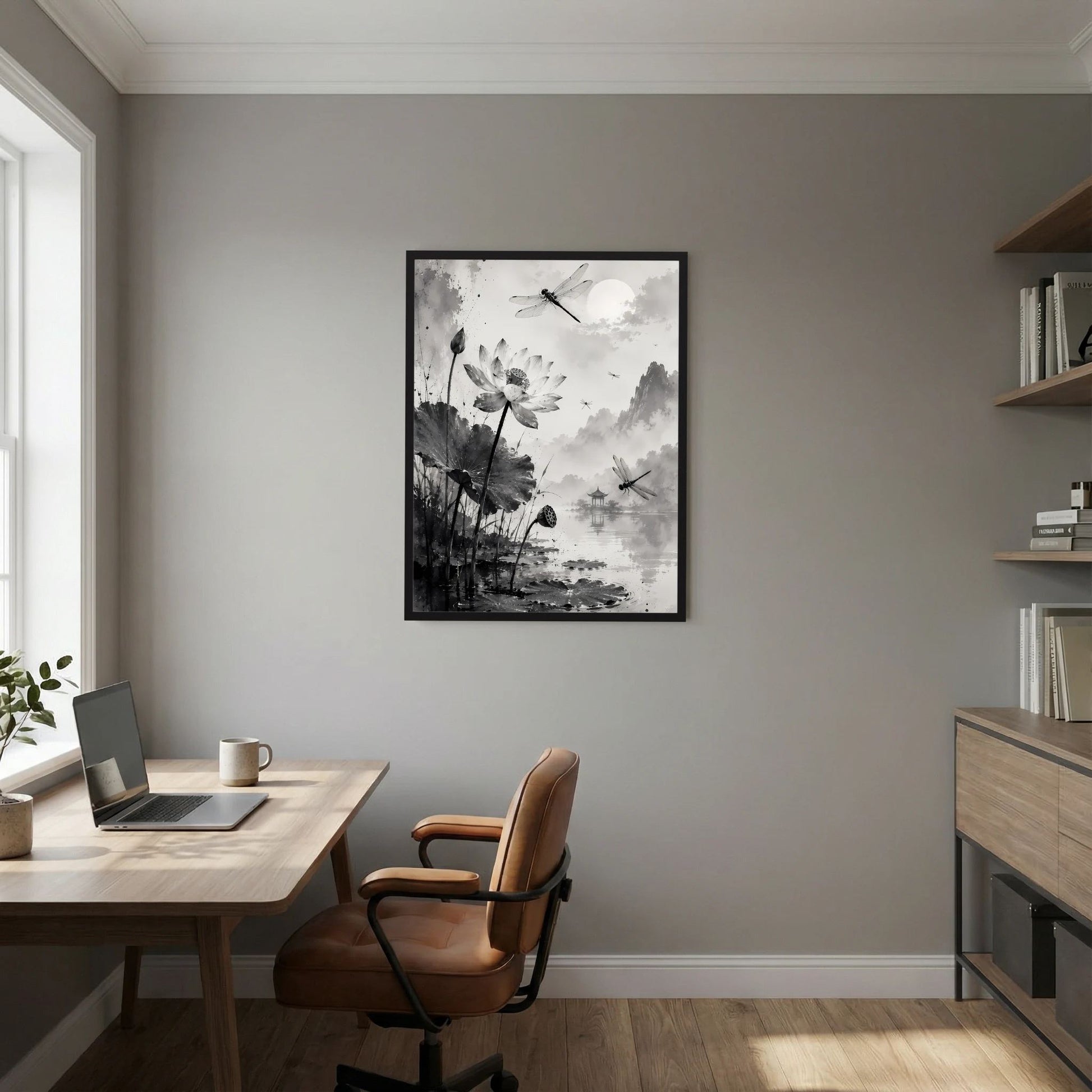 Hochformatiges Poster mit Lotusblüten und Libellen, Schwarzweiß, schwarzer Bilderrahmen