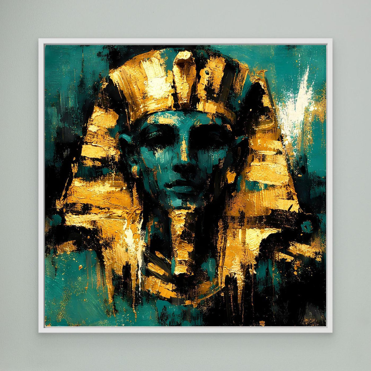 Gerahmtes Leinwand-Wandbild mit abstrahiertem Pharao in Türkis und Gold, weißer Rahmen