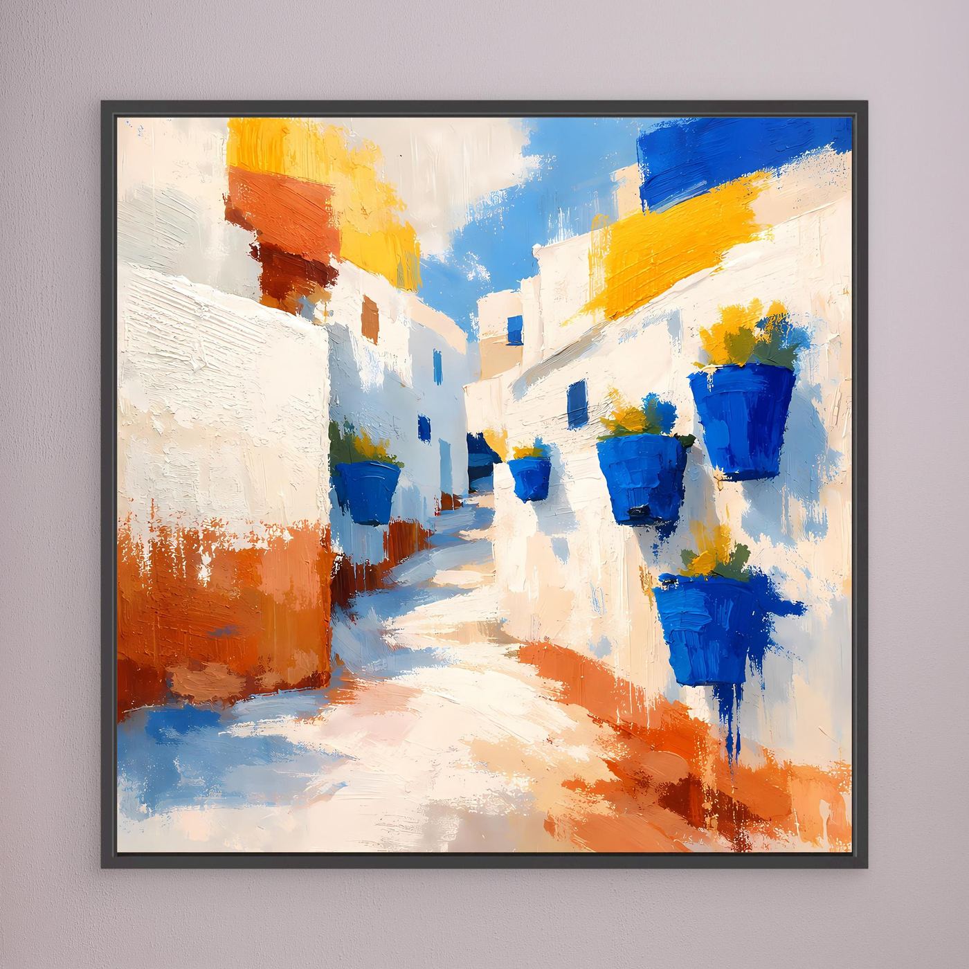 Leinwand Griechische Gasse mit blauen Blumentöpfen | Abstraktes Santorin Wandbild