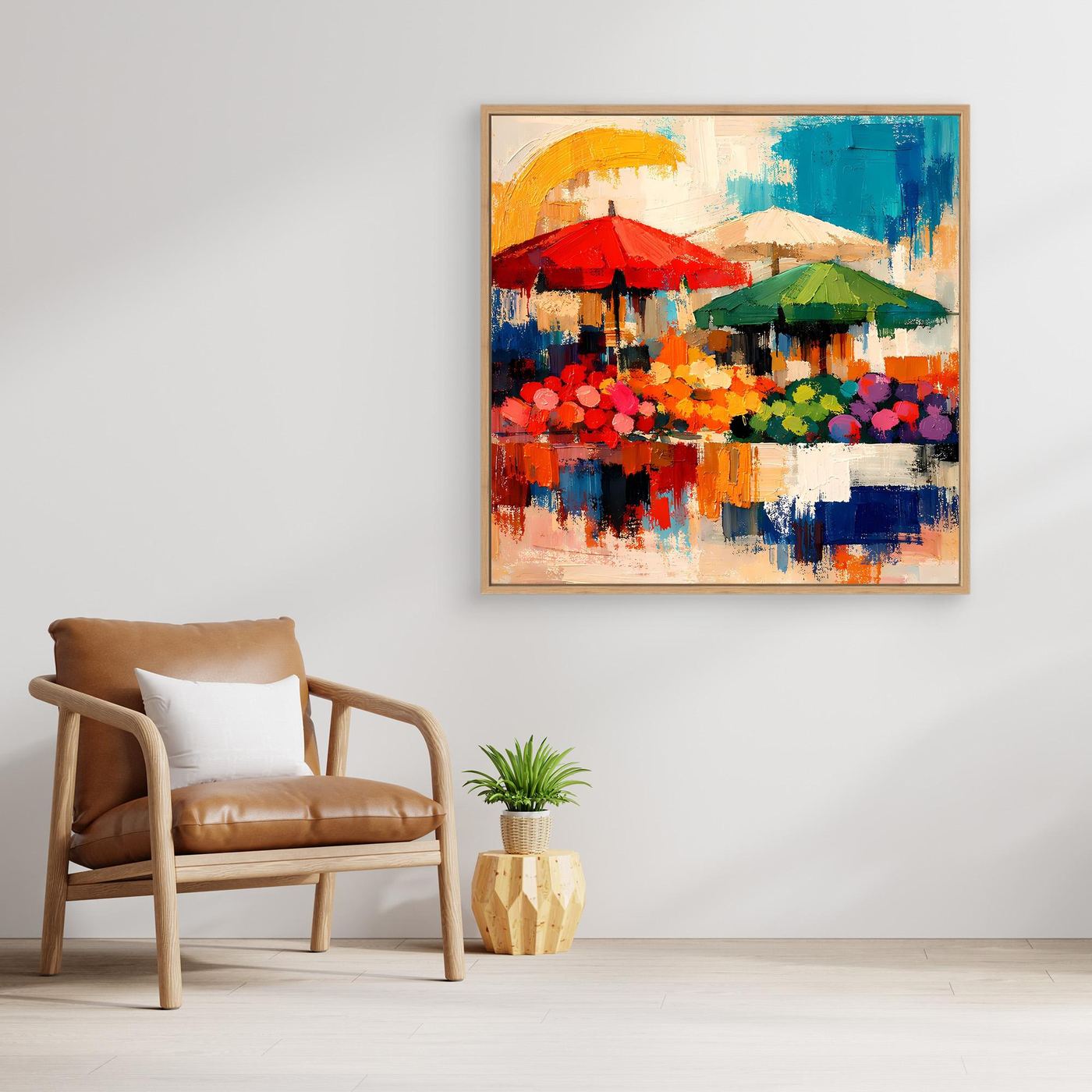 Leinwand-Wandbild mit abstrakter Marktszene, Sonnenschirme in Rot und Grün, Holzrahmen
