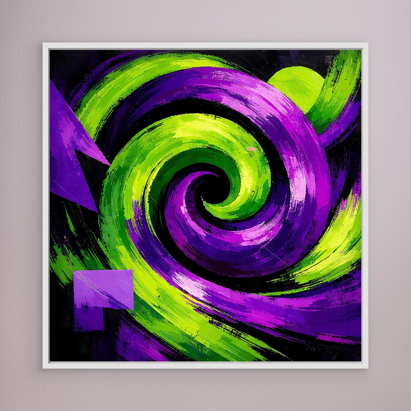 Gerahmtes Leinwandbild mit abstraktem Spiralstrudel in Grün und Violett, dunkler Grund