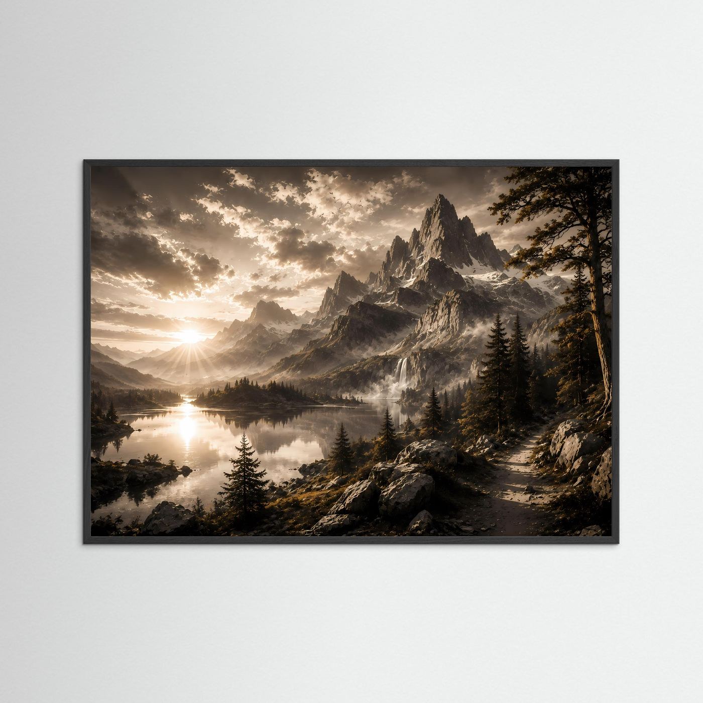 Querformat-Poster Berg-See-Landschaft bei Sonnenaufgang mit schwarzem Holzrahmen