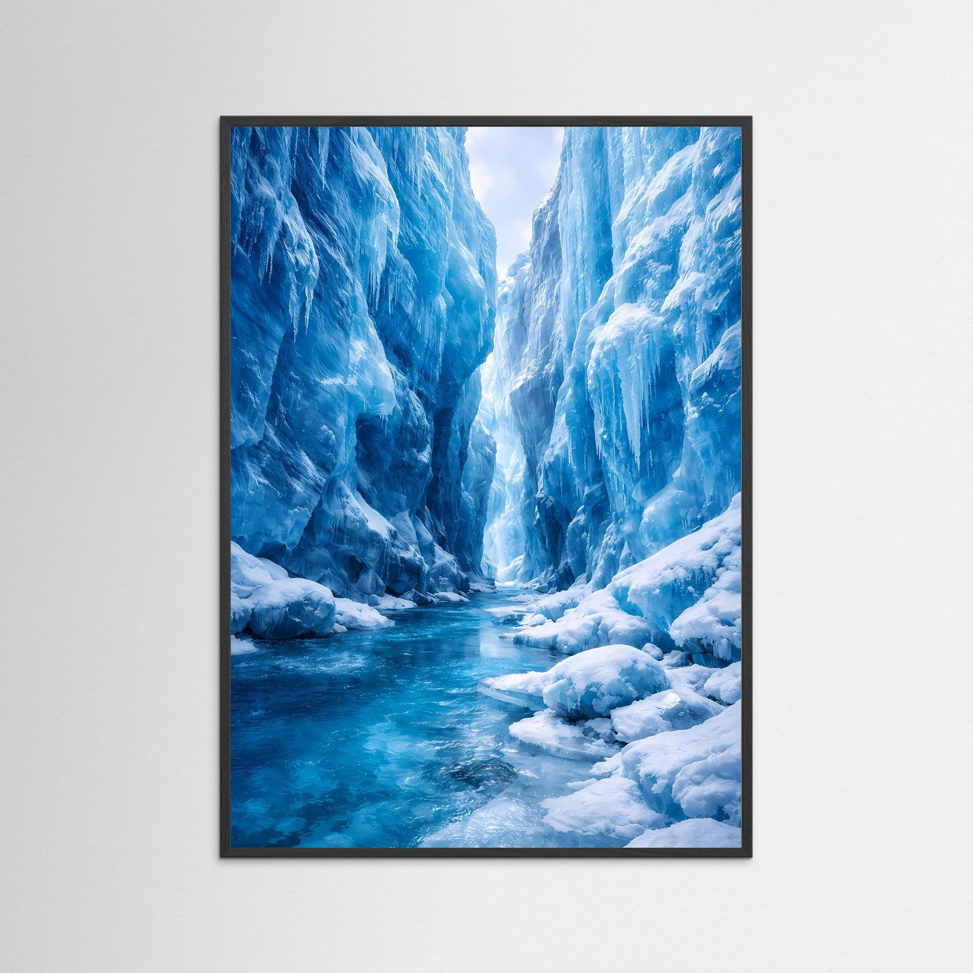 Eis-Gletscherposter im Hochformat mit schwarzem Rahmen: blauer Fluss, Eisberge