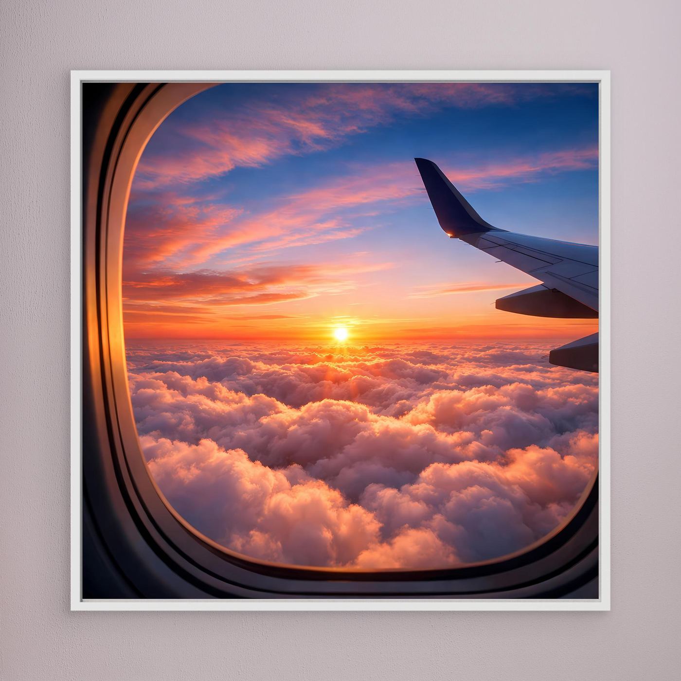 Leinwandbild mit Flugzeugfensterblick und Sonnenuntergang über Wolken, weiß eingefasst