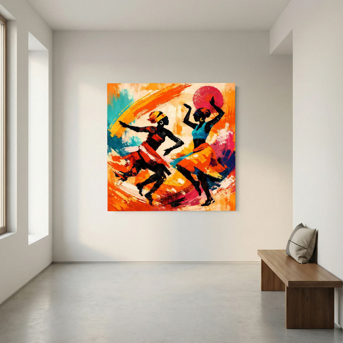 Leinwandbild mit tanzenden Figuren in abstrakter Ethno-Optik, orangefarbene und blaue Akzente