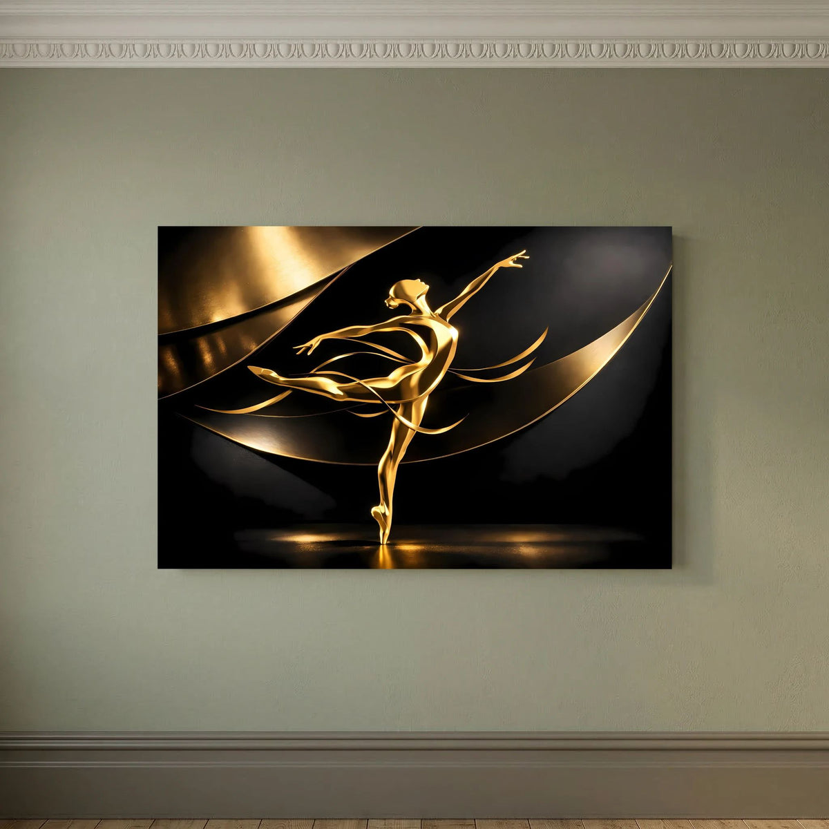 Querformatiges Wandbild mit goldener Ballerina-Skulptur zwischen dunklen Farbflächen.