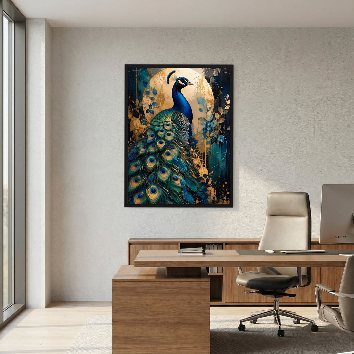Gerahmtes Hochformat-Poster mit blauem Pfau, goldfarbenen Spritzern und grünen Pfauenfedern.