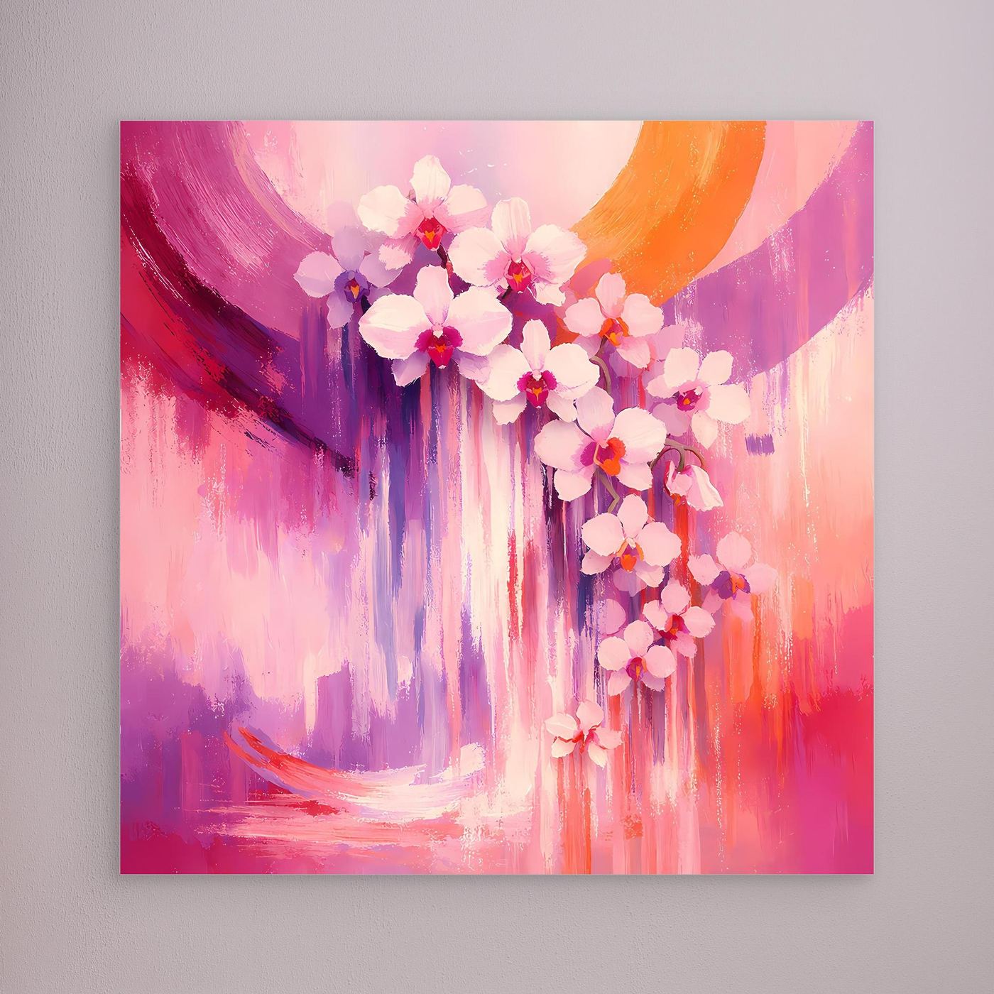 Abstraktes Wandbild mit Orchideenblüten, rosa-violetter Farbverlauf, ohne sichtbaren Rahmen