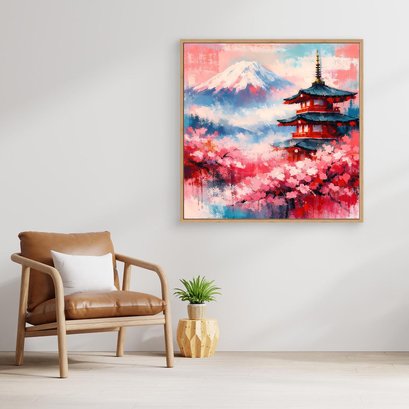 Leinwand-Wandbild mit hellem Rahmen: Mount Fuji, Pagode und Kirschblüten, abstrakt