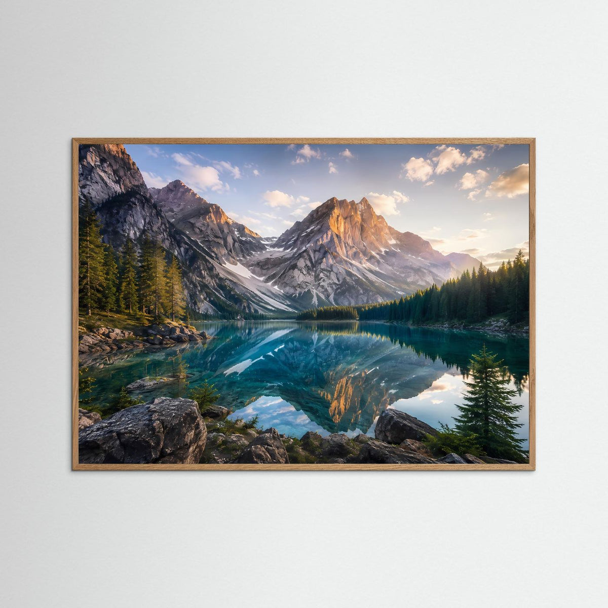 Bergsee-Poster im Querformat mit hellem Eichenholzrahmen und Spiegelung im Bergsee