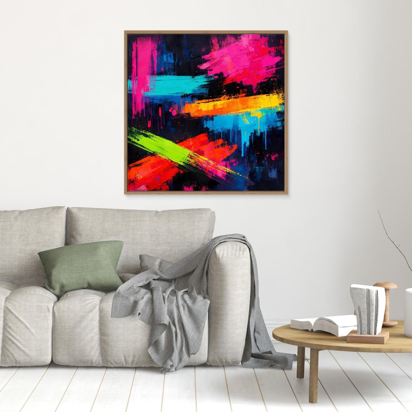 Kleines abstraktes Leinwand-Wandbild mit braunem Rahmen, Neonpink, Blau, Grün und Gelb