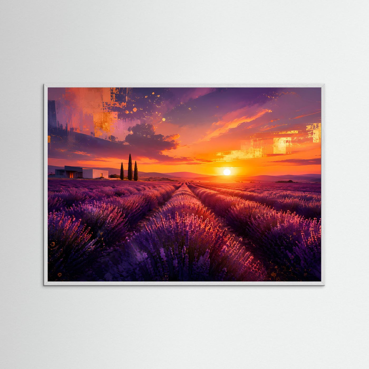 Lavendelfeld Sonnenuntergang Poster | Provence Landschaft Wandbild | Abstrakte Lavendel Kunst | Moderne Natur Panorama | Premium Leinwand Wall Art