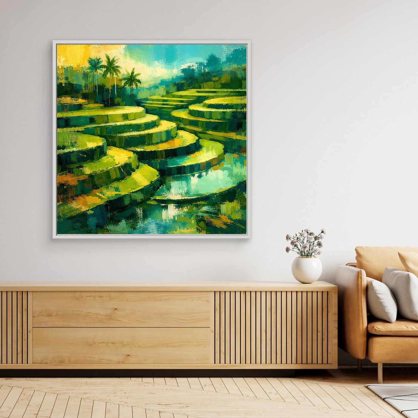 Gerahmtes Leinwandbild mit grünen Reisterrassen und Palmen, abstraktes Landschaftsmotiv.