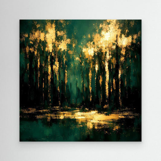 Abstraktes Leinwandbild Wald mit goldenem Licht und Wasserreflexion, ohne Rahmen