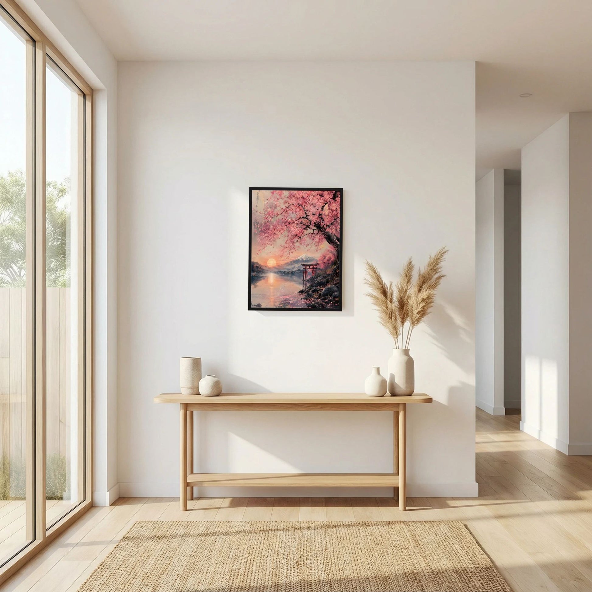Gerahmtes Wandposter: Kirschblüten und Torii vor Fuji, leuchtender Sonnenuntergang