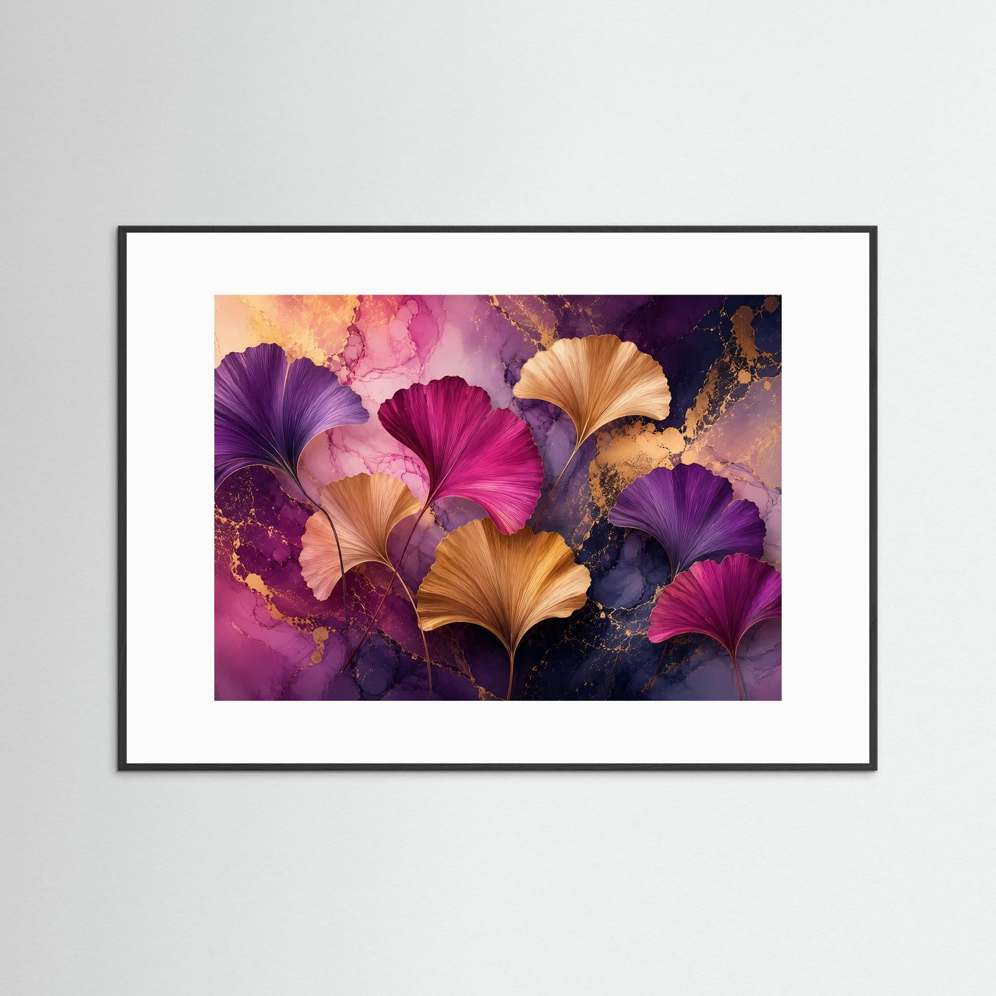 Ginkgo-Blätter in Gold, Violett & Magenta | Abstrakte botanische Wandkunst