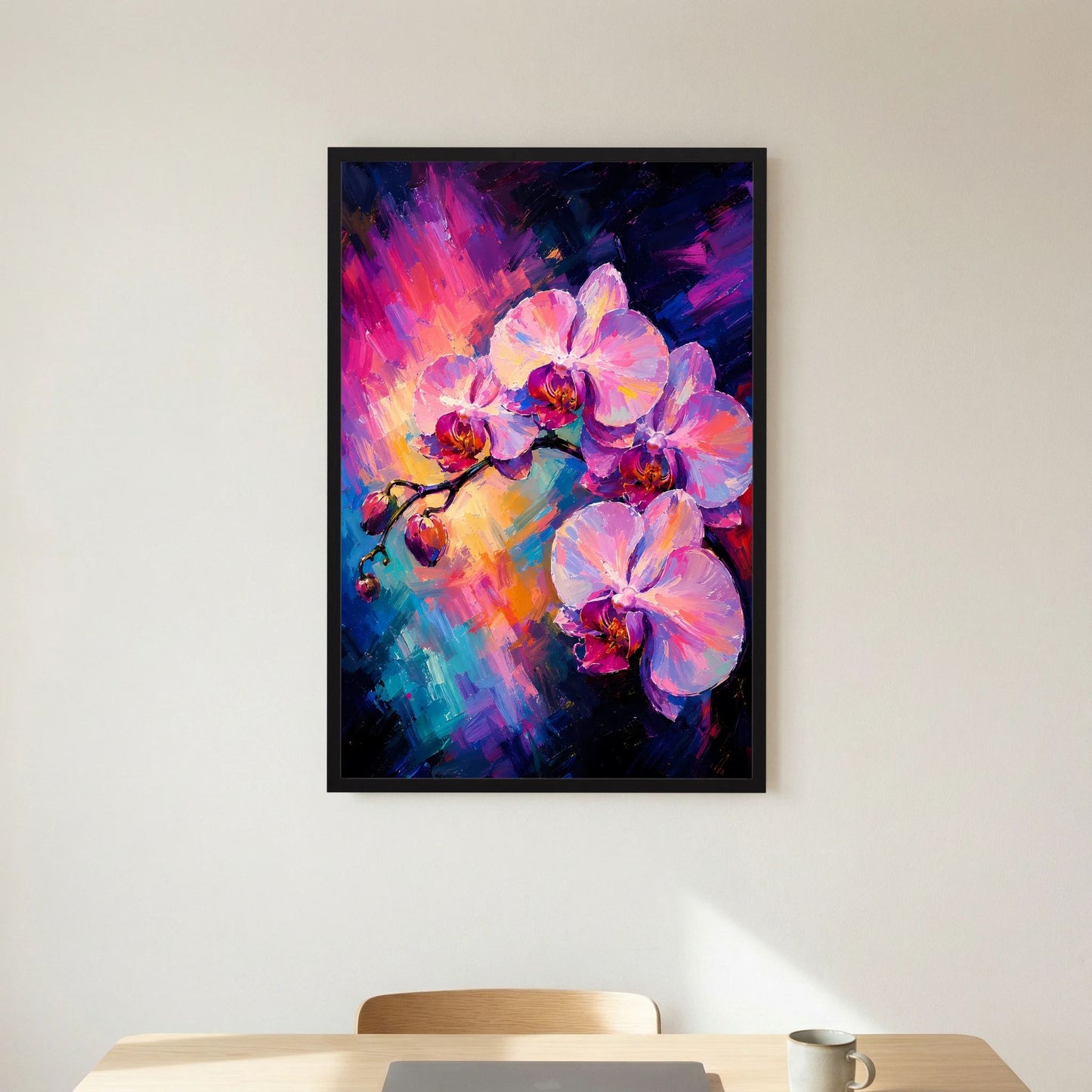 Kunstposter im Hochformat: abstrakte Orchideenblüten in Pink und Lila, schwarzer Rahmen