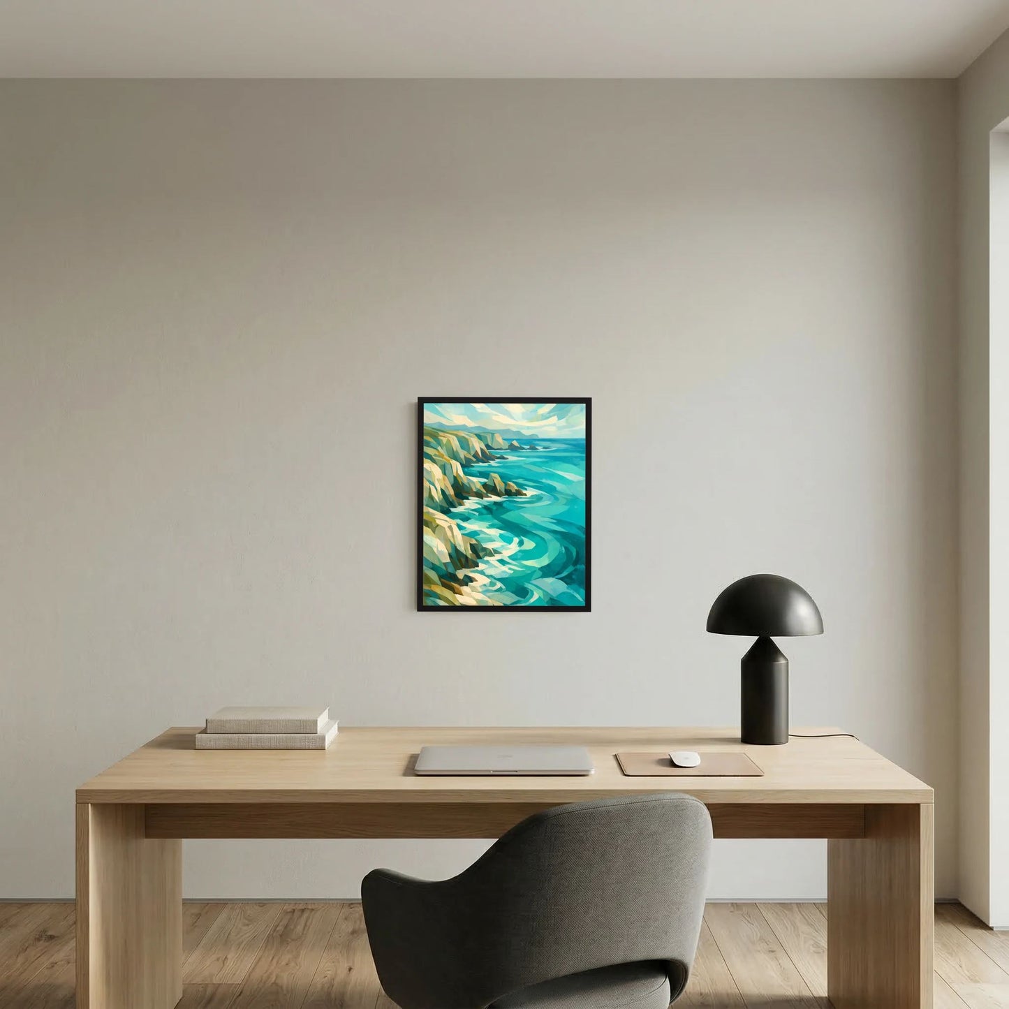 Gerahmtes Poster mit türkisfarbenem Meer, Felsen und Wellenlinien in abstrakten Farben