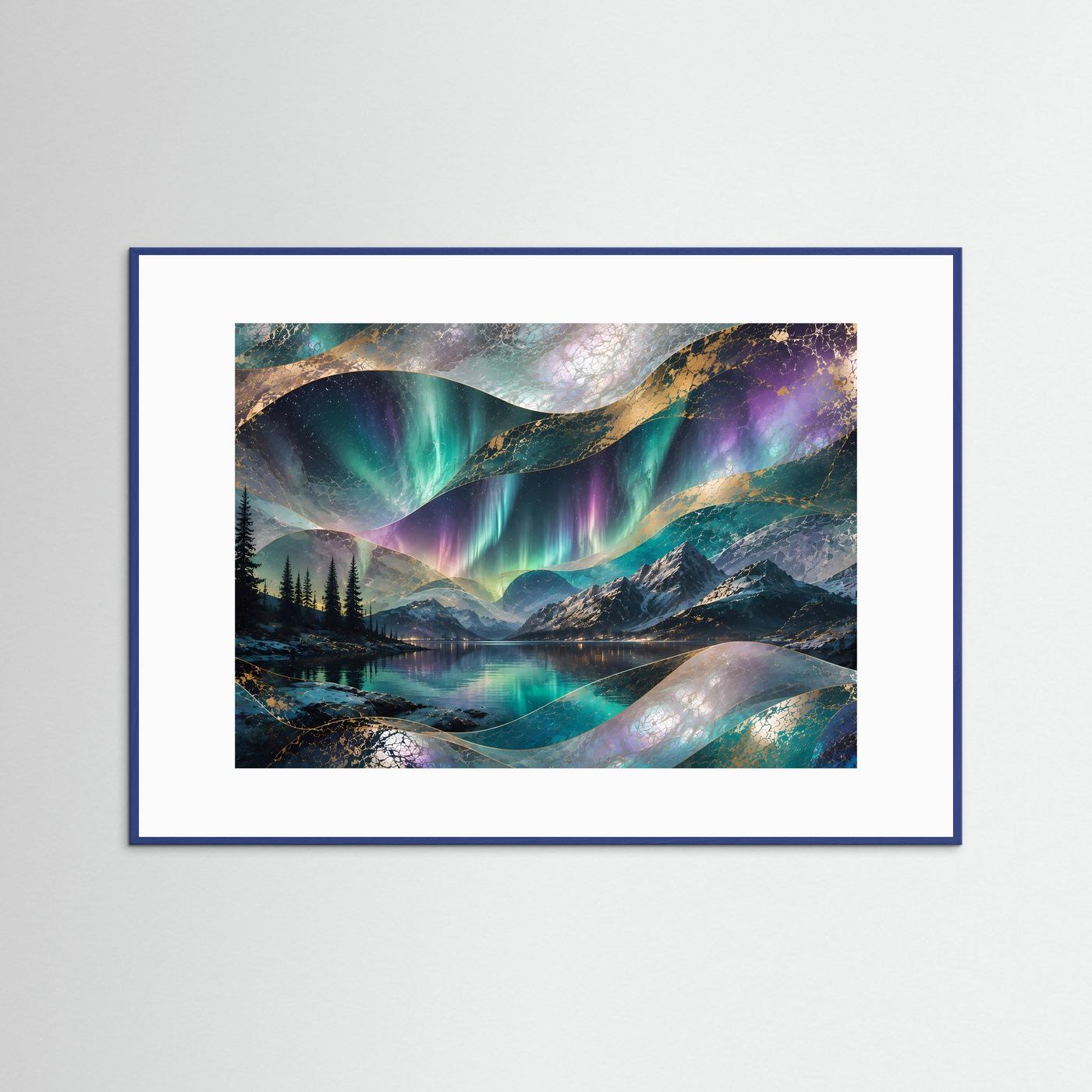 Querformat-Poster: Aurora über Bergsee in Türkis/Violett, Perlmutt & Gold, blau gerahmt
