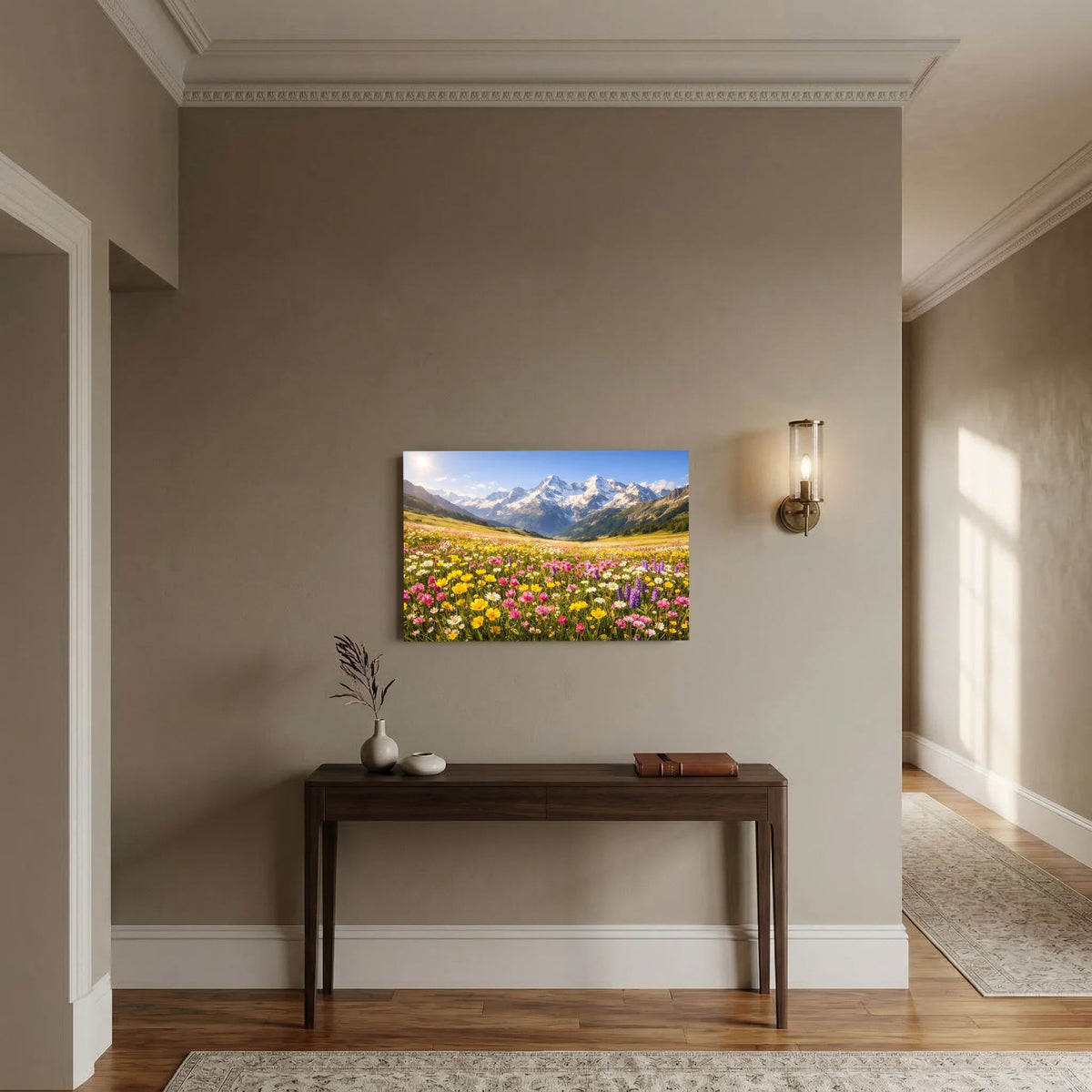 Wandbild mit Alpenblumenwiese und Bergpanorama, ungerahmt