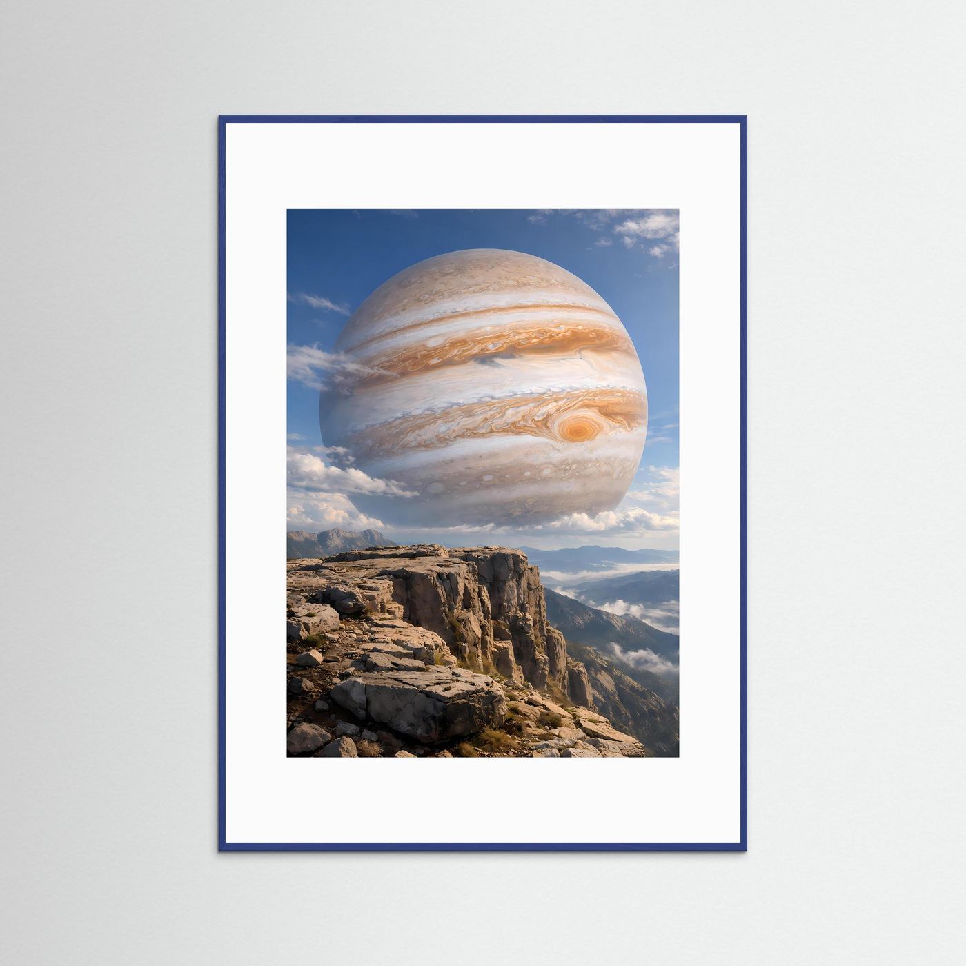 Kunstposter mit Jupiter-Planet und Wolken über einer Felsklippe im Hochformat, blauer Rahmen