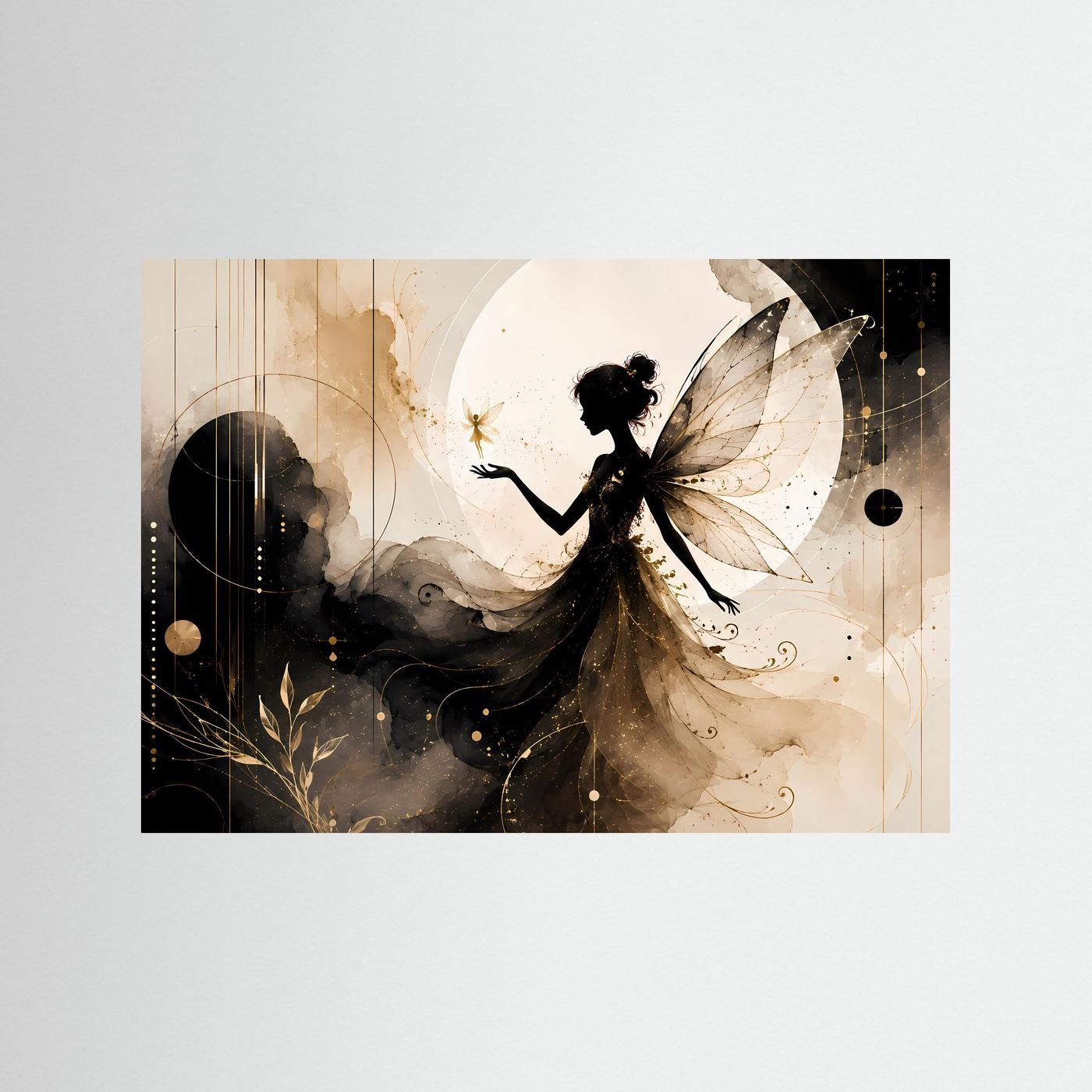 Querformat-Poster mit Fee-Silhouette und großen Flügeln, schwarz-gold, ohne Rahmen