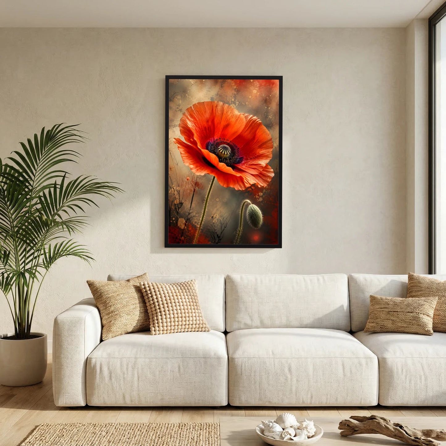 Mohnblumen-Poster mit roter Blüte und dunklem Zentrum, im Wohnraum, schwarzer Rahmen