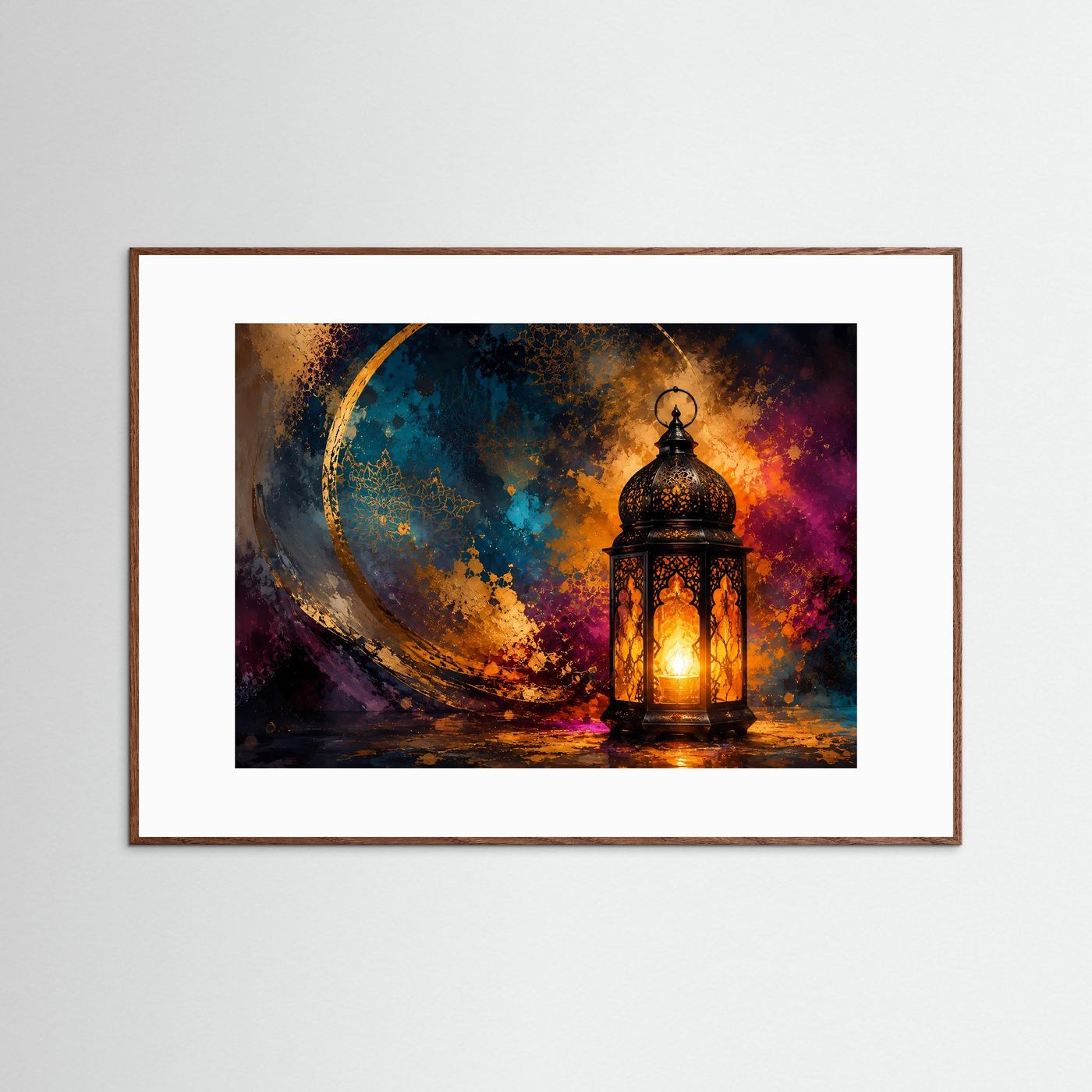 Orientalische Laterne Poster | Goldene Mondkunst | Abstrakte Boho Wandkunst | Mystisches Licht | Moderne Fine Art | Elegantes Wandbild