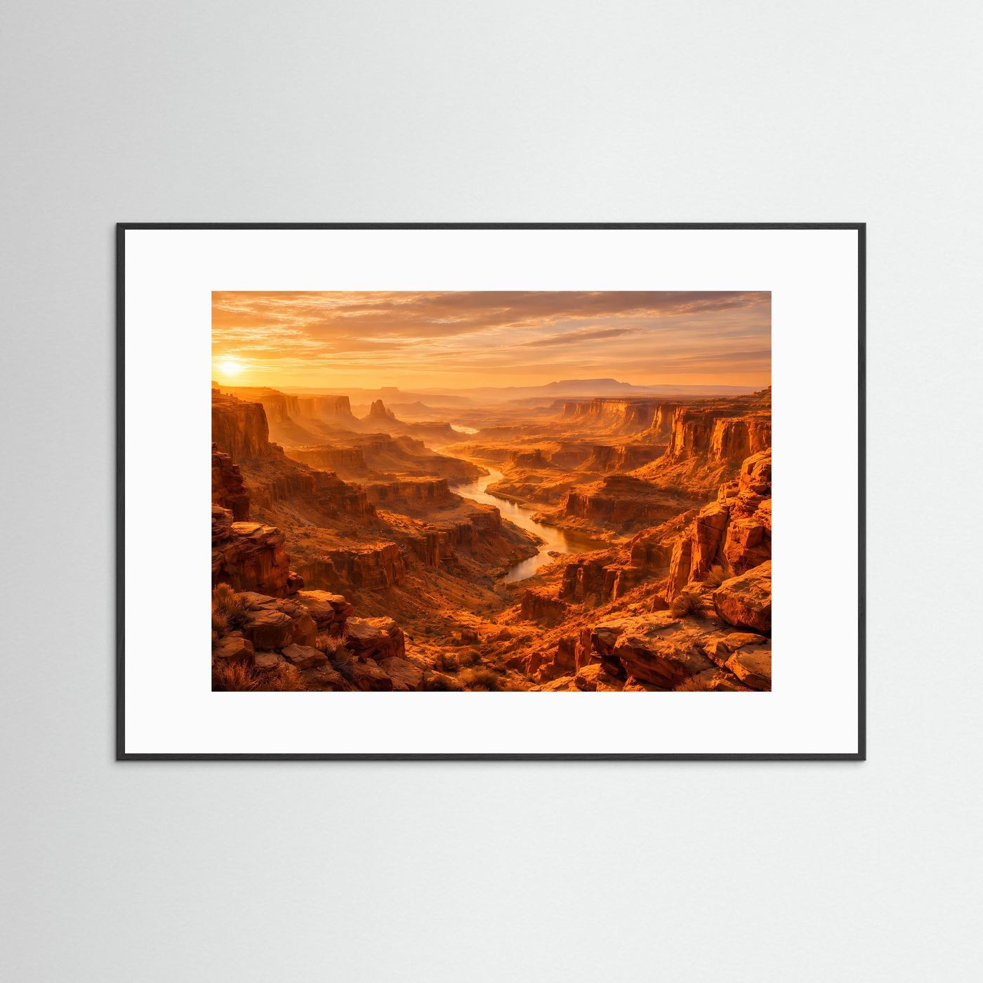 Naturposter Querformat mit Canyon bei Sonnenuntergang, weißes Passepartout und schwarzer Rahmen