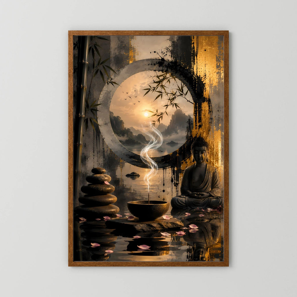 Poster im Hochformat mit dunklem Holzrahmen: Buddha, Rauchschwung und Meditationsschale