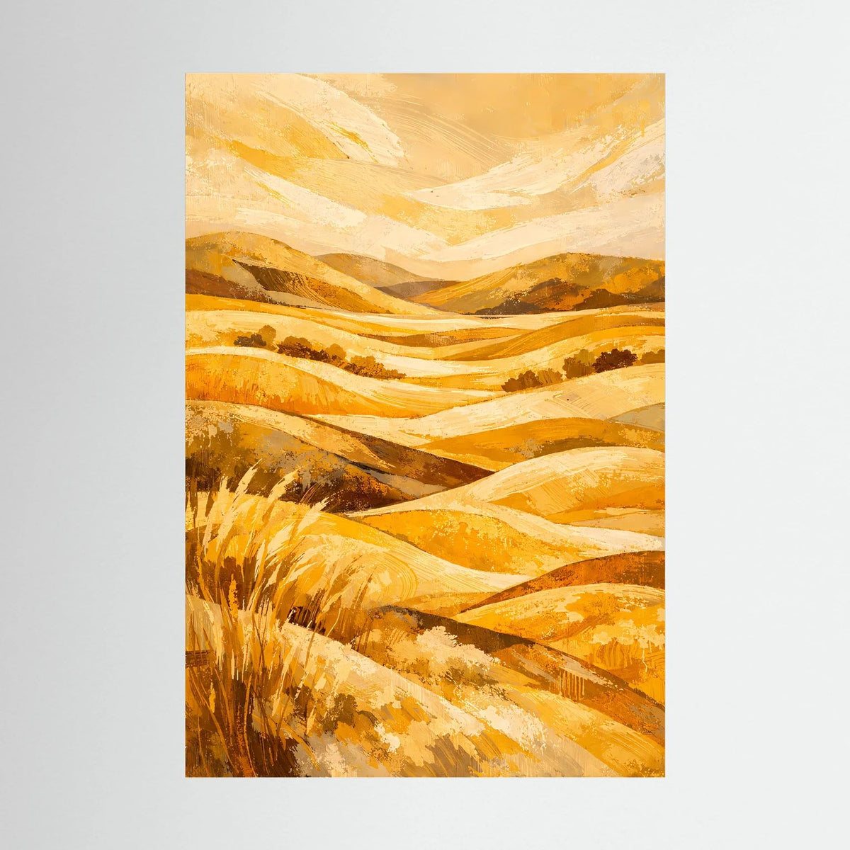 Poster mit abstrakter Hügellandschaft in Gelb und Ocker, Hochformat mit Gräsern
