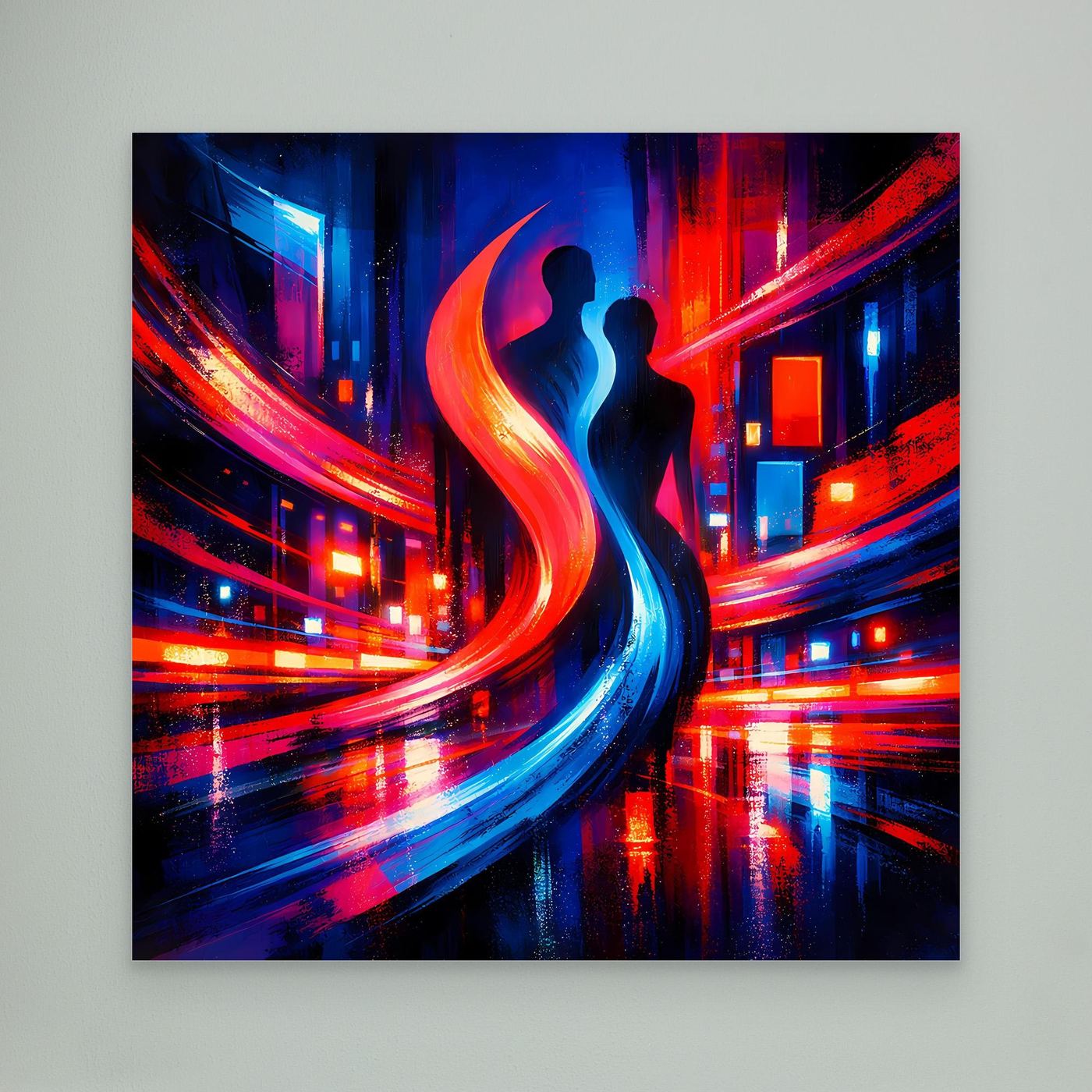 Abstraktes Leinwand-Wandbild ohne Rahmen mit Neon-City und Paar-Silhouette