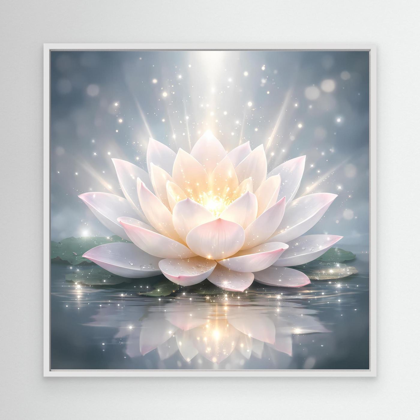 Leinwandbild mit leuchtender Lotusblüte im weißen Rahmen, helle Blüten, sanfte Lichtstrahlen