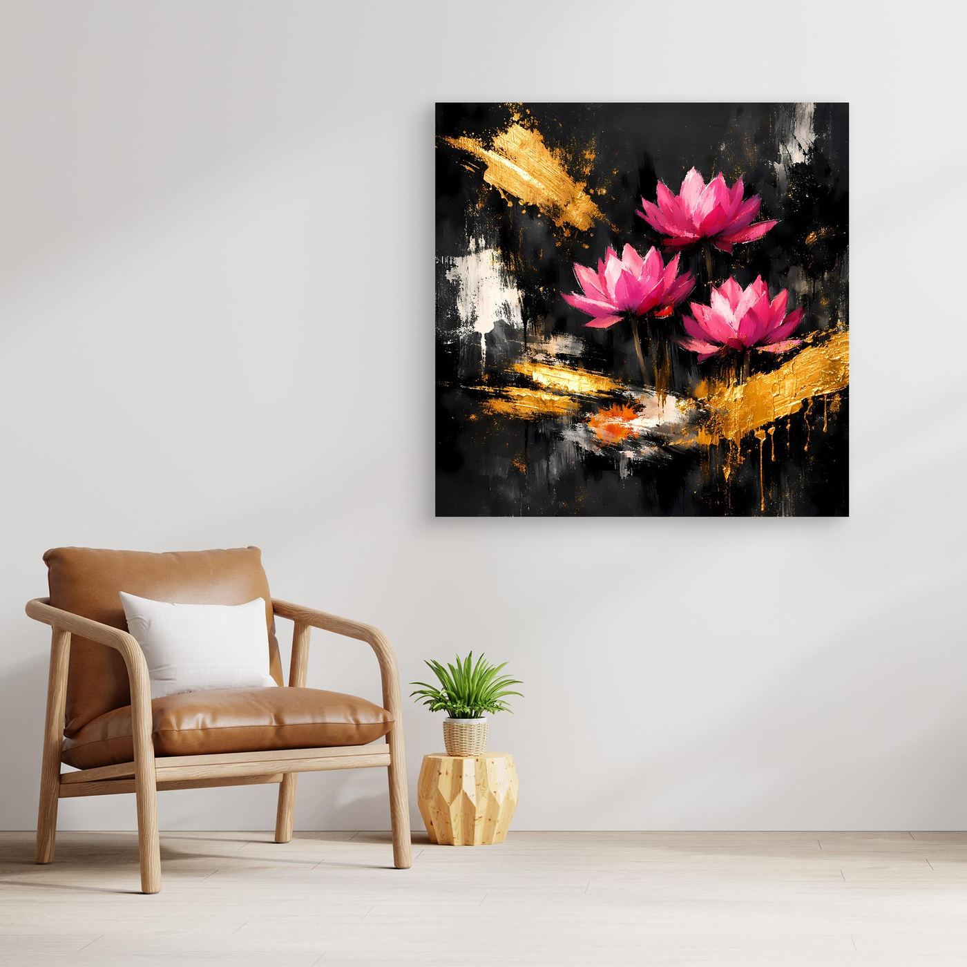 Leinwand Prachtvolle Lotusblüten in Pink und Gold | Modernes Abstraktes Blumen Wandbild