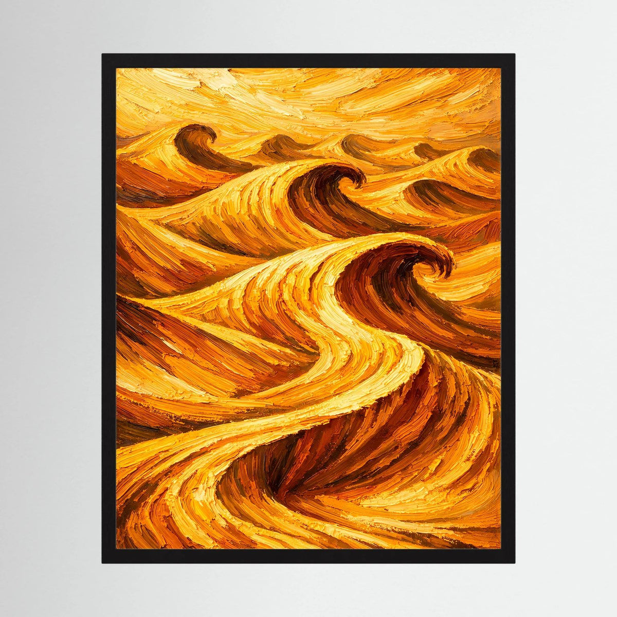 Abstraktes Wandposter mit orange-goldenen Wellen in schwarzem Rahmen, Hochformat.