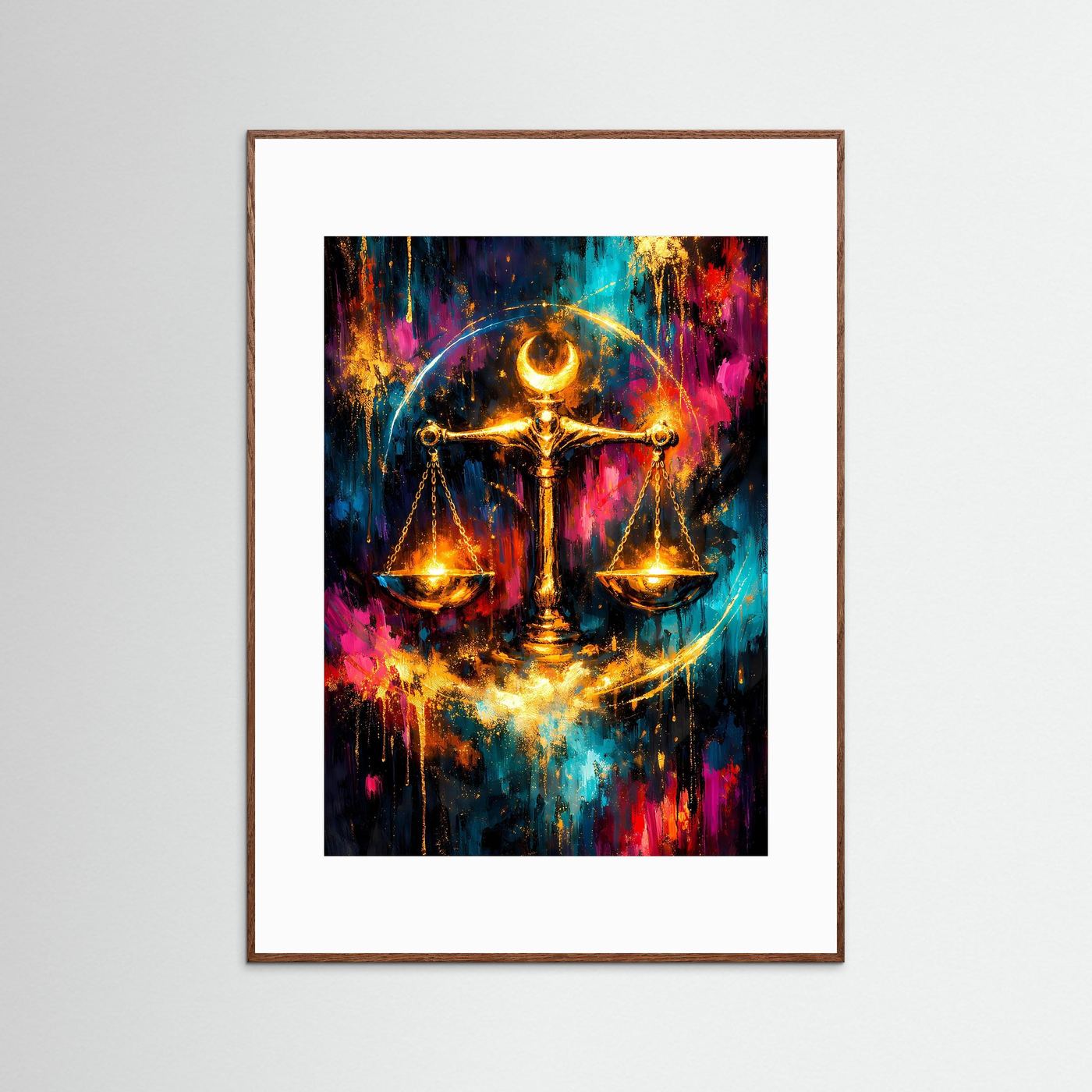 Waage-Poster im Neonsternzeichen mit goldener Waage, abstrakt, brauner Rahmen