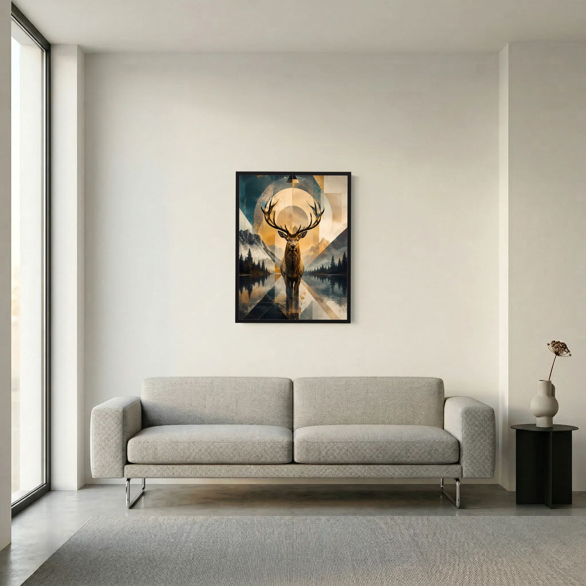 Hirsch-Poster im Hochformat mit geometrischer Berglandschaft in Goldtönen, schwarzer Rahmen