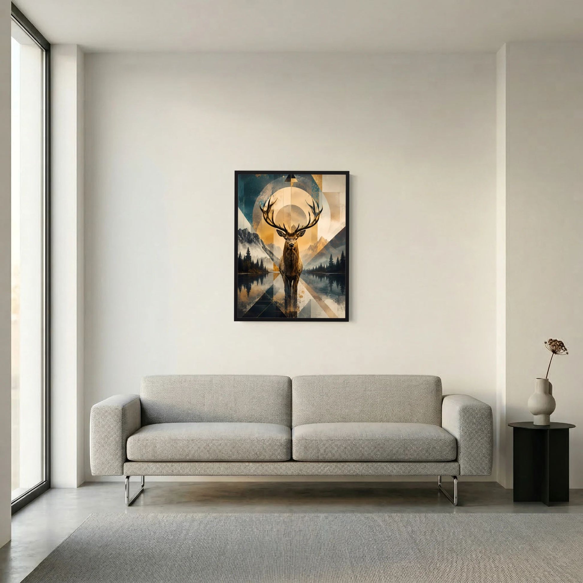 Hirsch-Poster im Hochformat mit geometrischer Berglandschaft in Goldtönen, schwarzer Rahmen