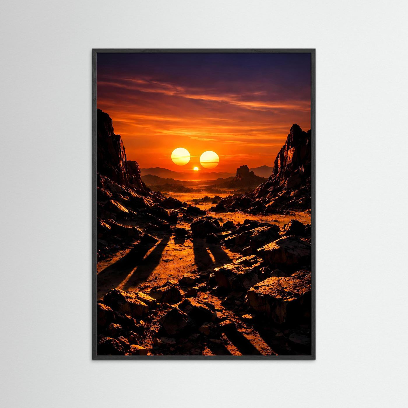 Science-Fiction-Poster mit drei Sonnen über felsigem Weg, schwarzer Holzrahmen