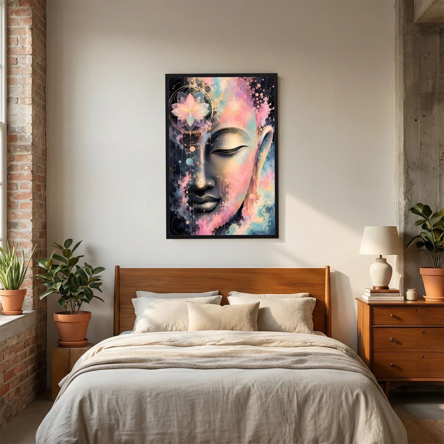 Kunstposter mit abstraktem Buddha-Gesicht in Pastell, Gold- und Schwarzakzenten im schwarzen Rahmen