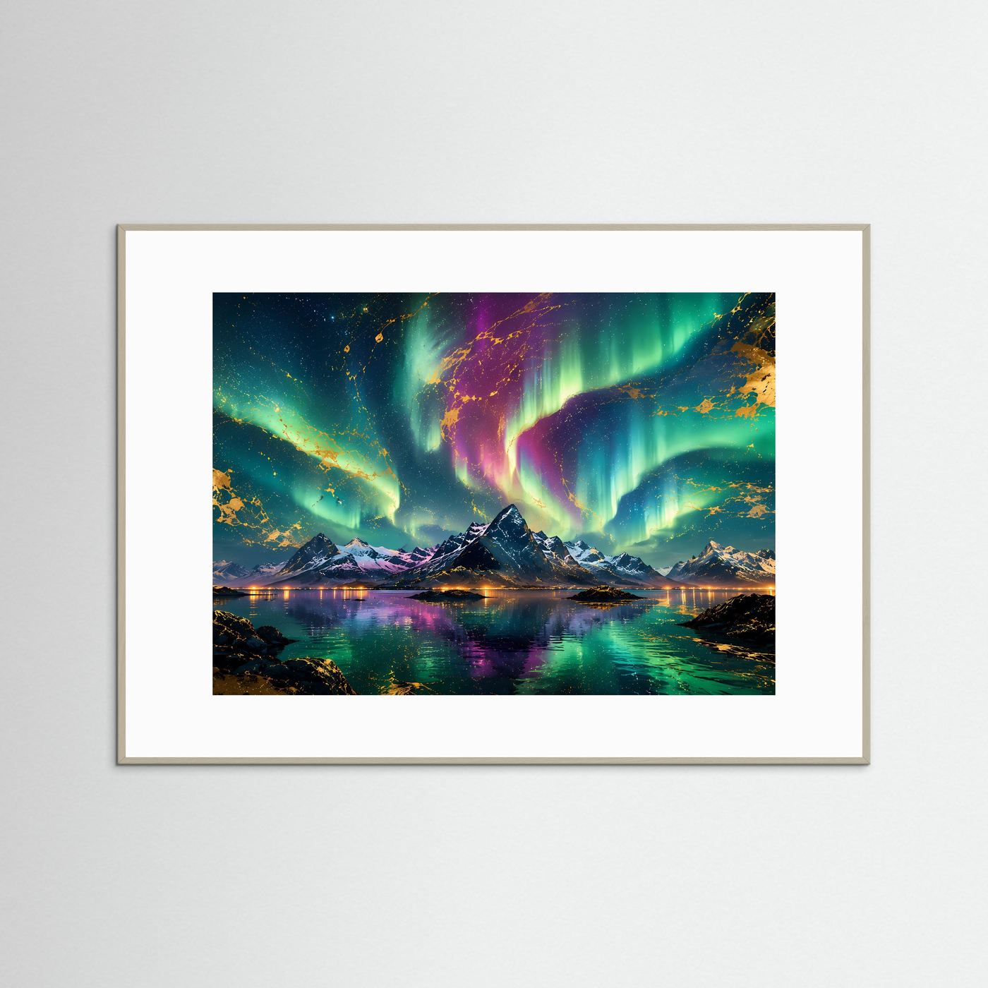 Nordlichter Poster | Aurora Borealis über Bergen | Abstrakte Landschaftskunst mit Gold | Polarlichter Wandbild | Premium Leinwand & Moderne Wall Art