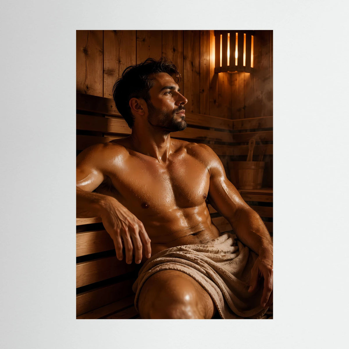 Sauna-Poster im Hochformat: Mann in Nahaufnahme in der Sauna, Handtuch um die Hüften