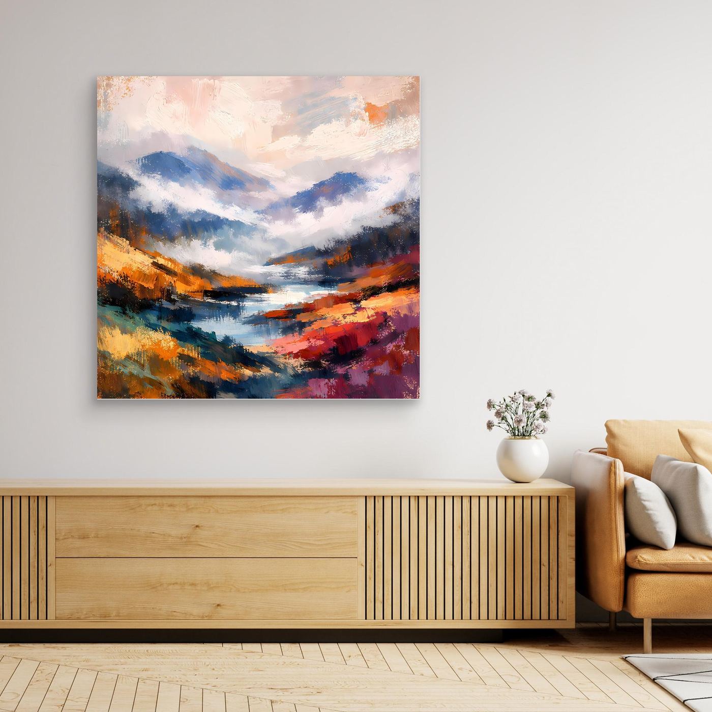 Abstraktes Leinwand-Wandbild mit Berglandschaft und Flusslauf, dunkel gerahmt