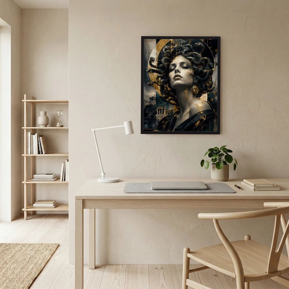 Medusa-Porträt-Poster im Rahmen: dunkle Frauengesicht mit schwarzen Schlangen, goldfarbene Akzente