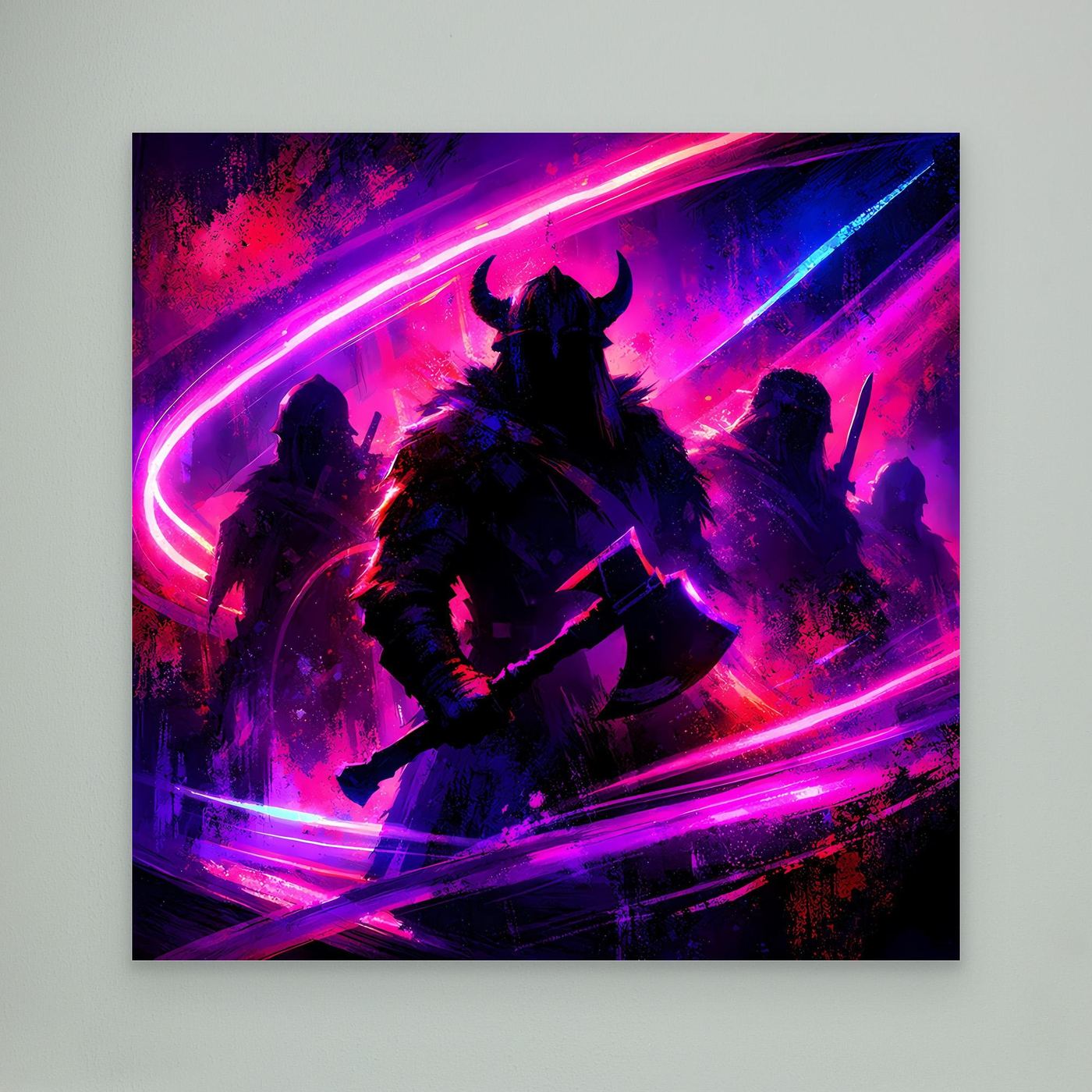 Neon-Wandbild mit Wikingerkriegern in Pink/Lila/Blau, abstrakte Silhouetten, ohne Rahmen
