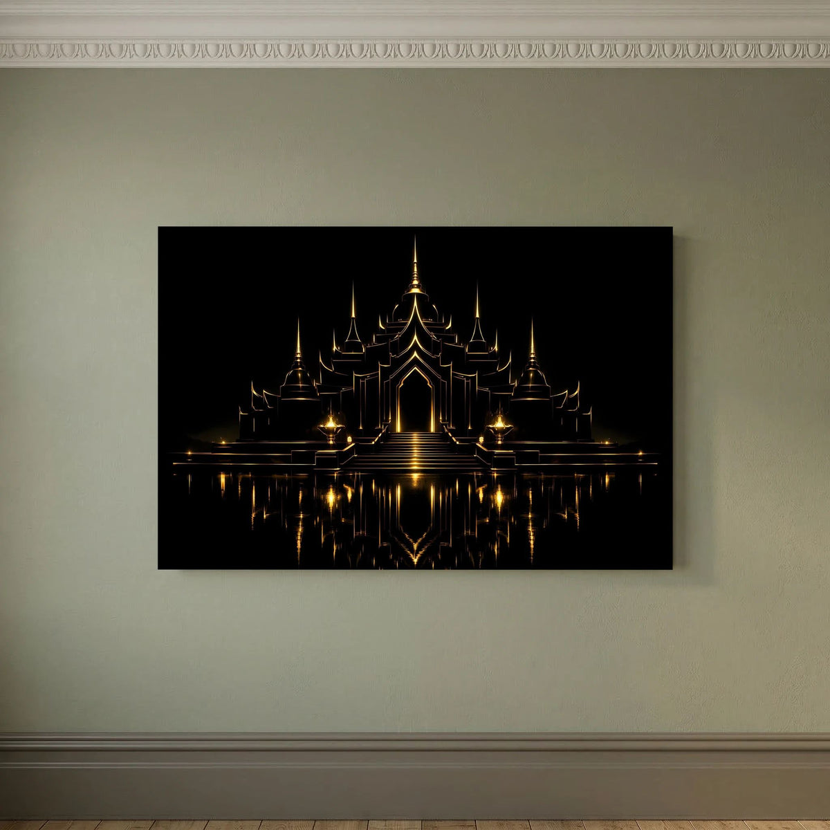 Wandbild mit goldener Tempelarchitektur, dunkles Querformat-Motiv, ohne Rahmen