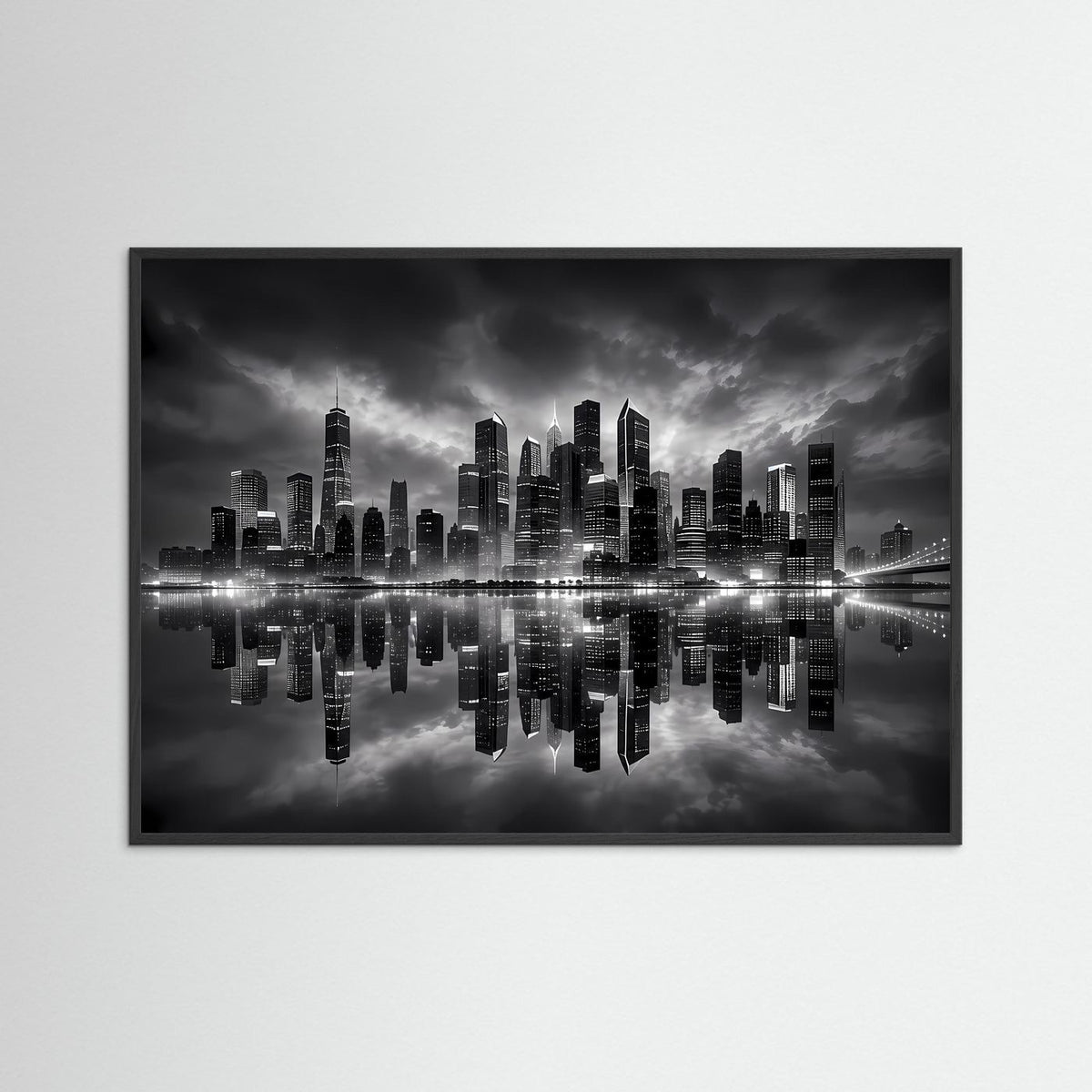 Stadtbild-Poster in Schwarzweiß mit Skyline, Reflexion und dunklem Wasser; schwarzer Rahmen.