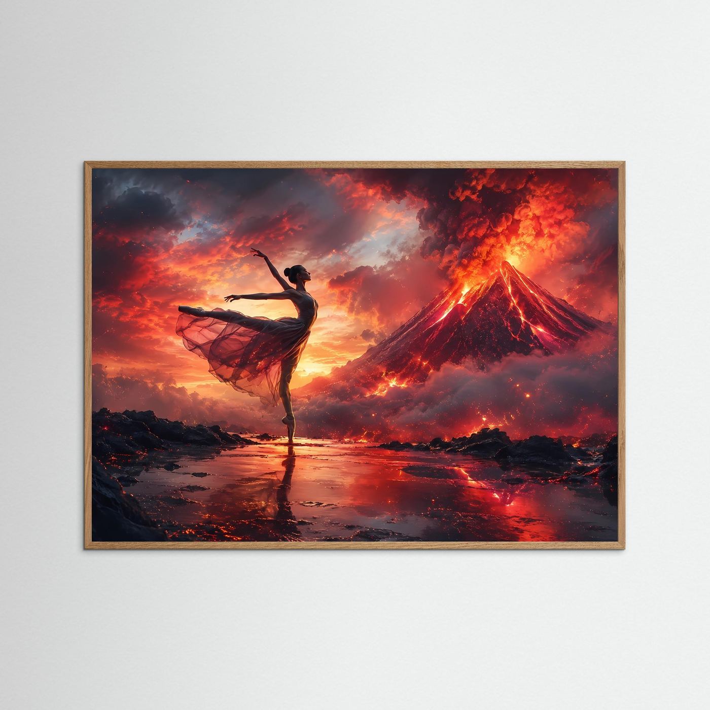 Ballerina Vulkan Poster | Tänzerin vor eruptierendem Vulkan | Dramatische Tanz Wandkunst | Moderner Kunstdruck